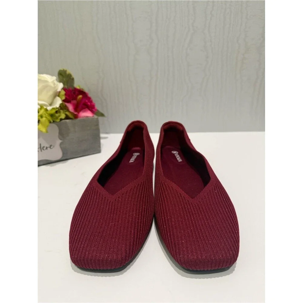 Vivaia Margot 2.0 Square Toe V-Cut Ballet Flats Burgandy Sparkle EU Sz 42